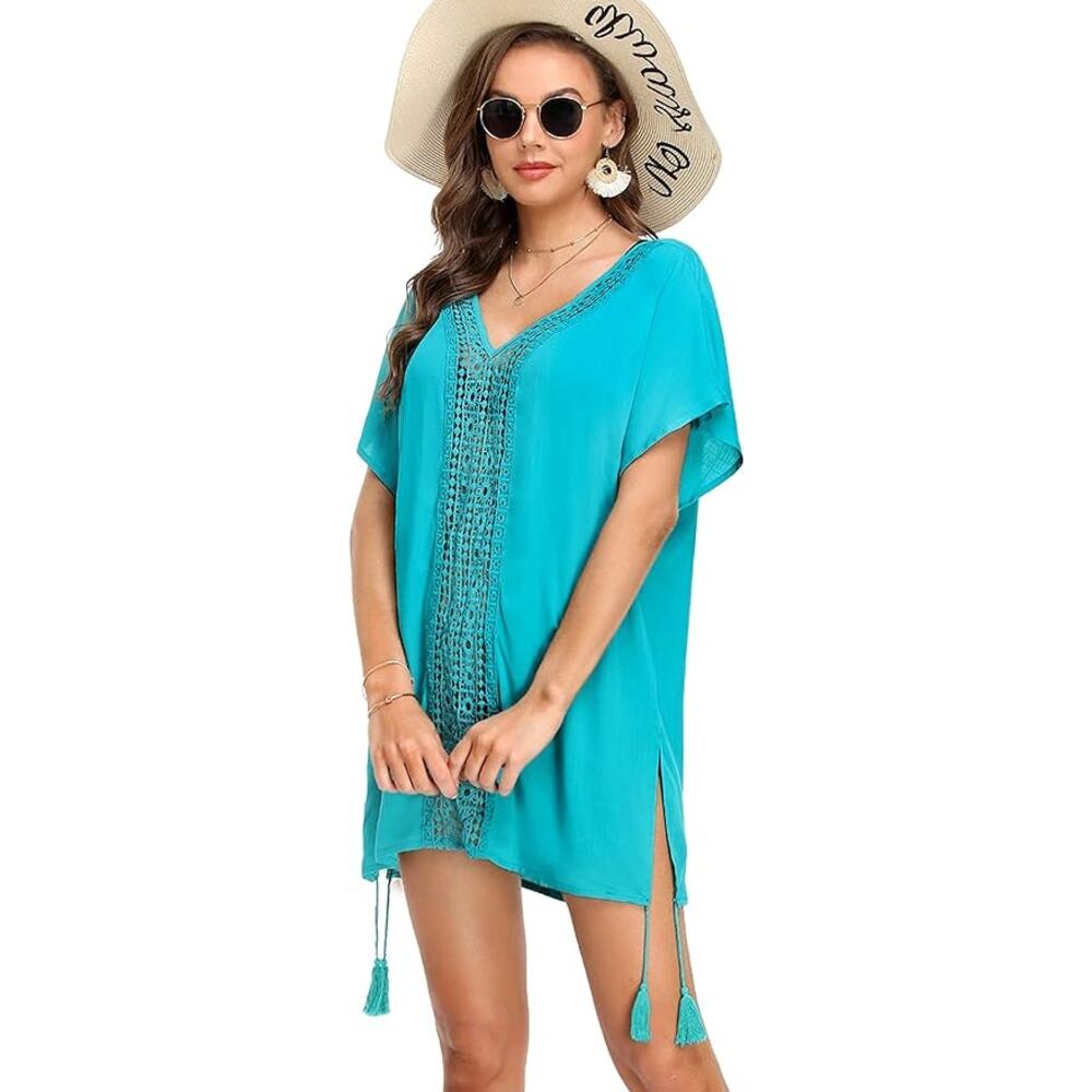 [Aimage] Teal V-Neck Crochet Lace Tasseled Side Slits Swim Coverup Sz Medium M